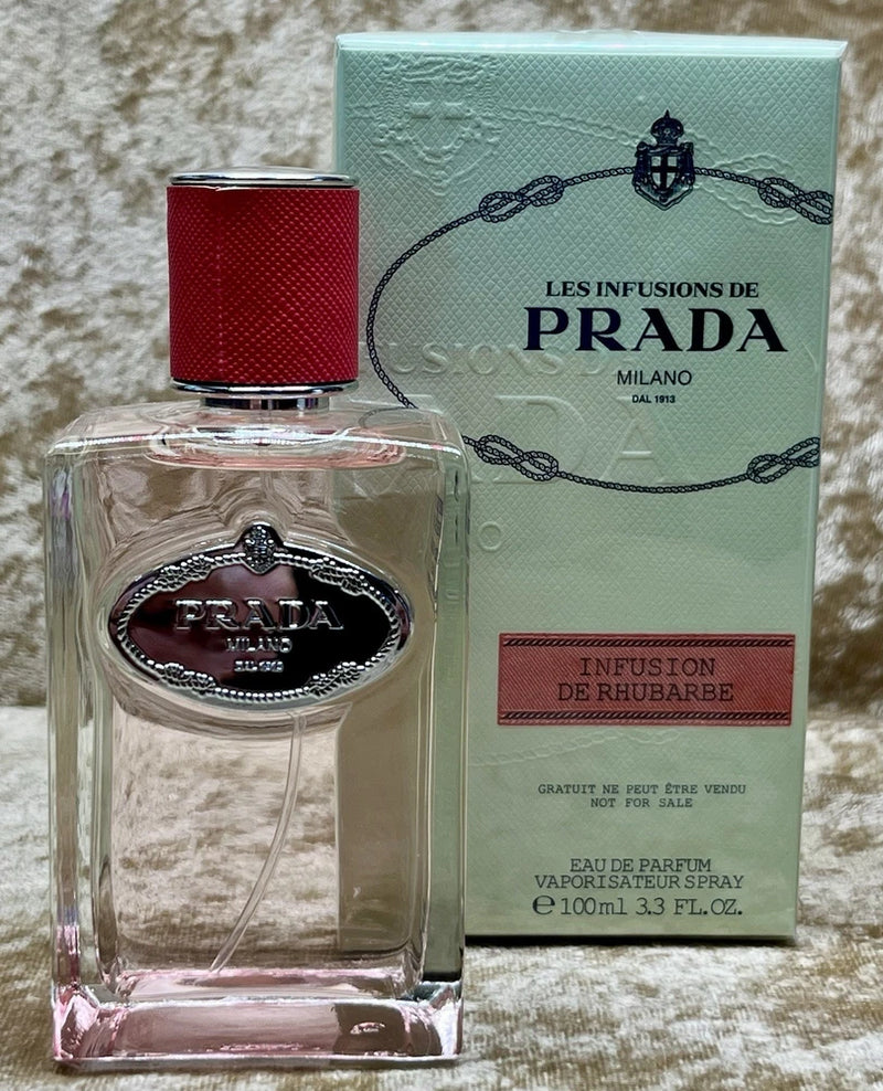 Prada Infusion De Rhubarbe eau de parfum bottle with red cap and box, 100 ml
