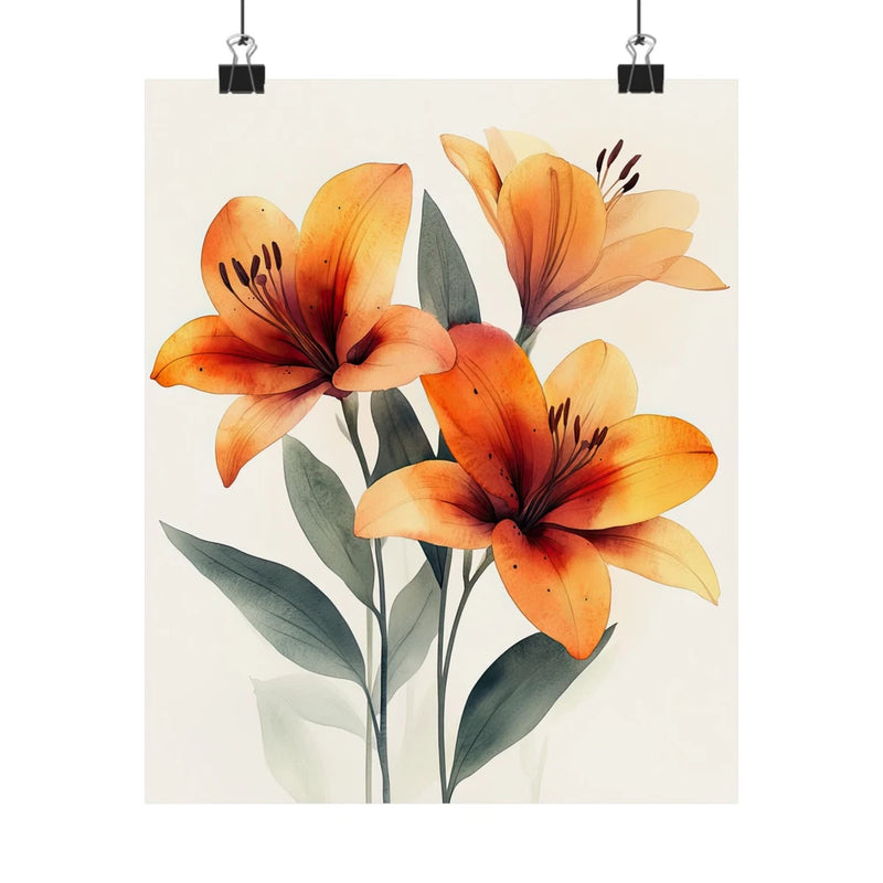Lily flower art print poster with orange Asiatic lilies and green leaves