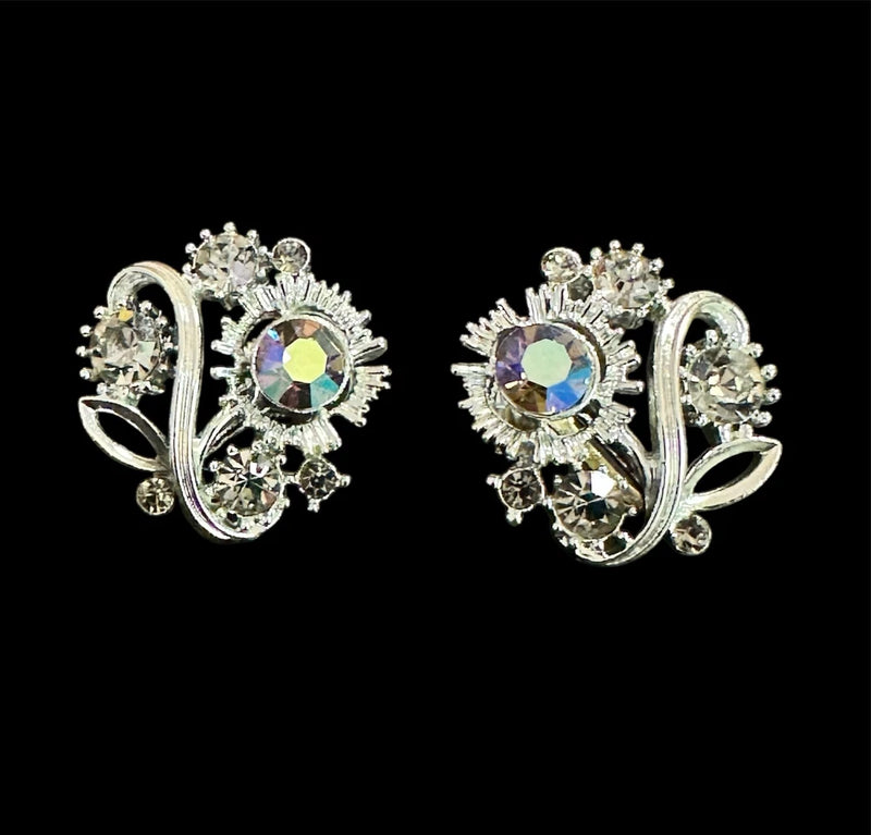 Vintage Lisner Earrings - Sunflower Screwback - AB Aurora Borealis SIGNED Sunflower