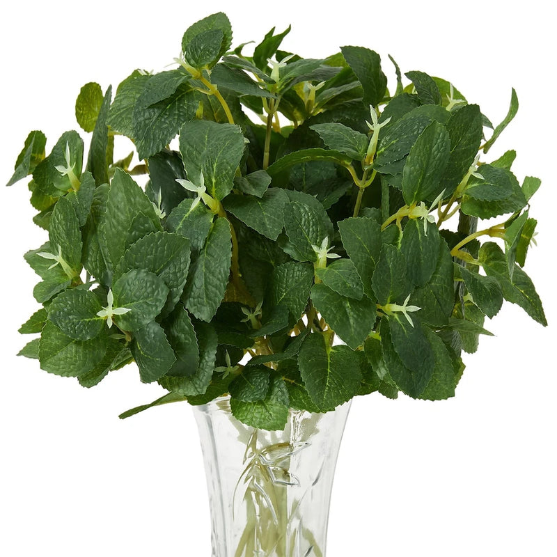 Artificial mint plant stems, 12-piece bundle of leafy green faux greenery in vase