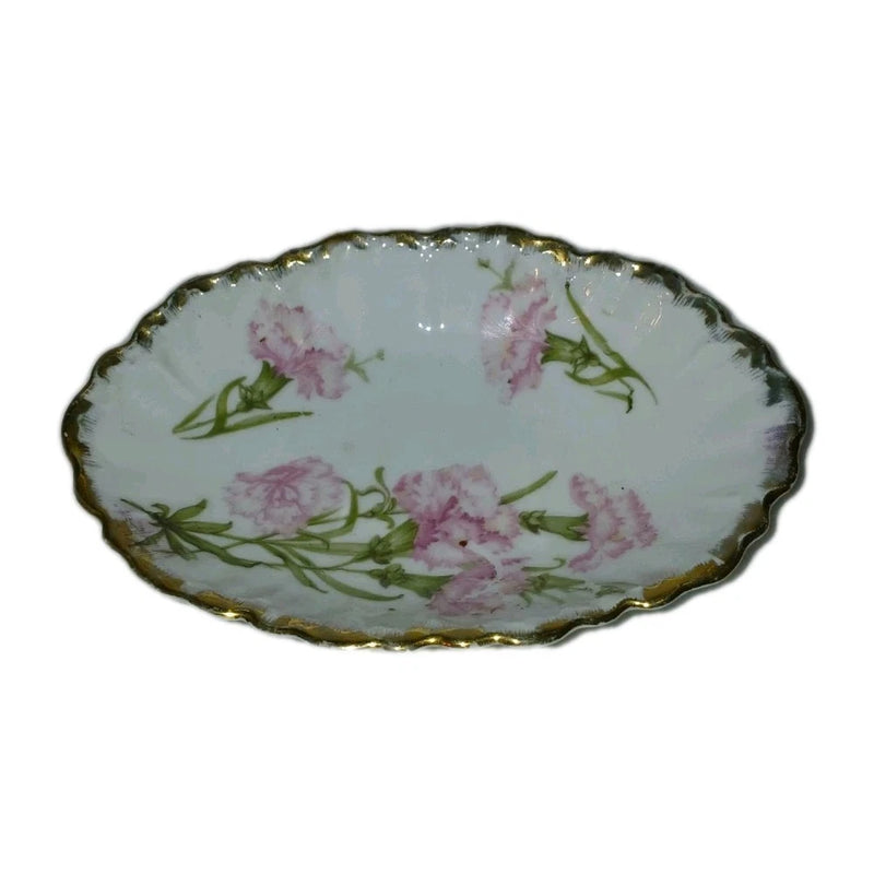 Vintage Hutschenreuther Selb Bavaria Floral Trinket Dish Pink Carnations Gold Carnation