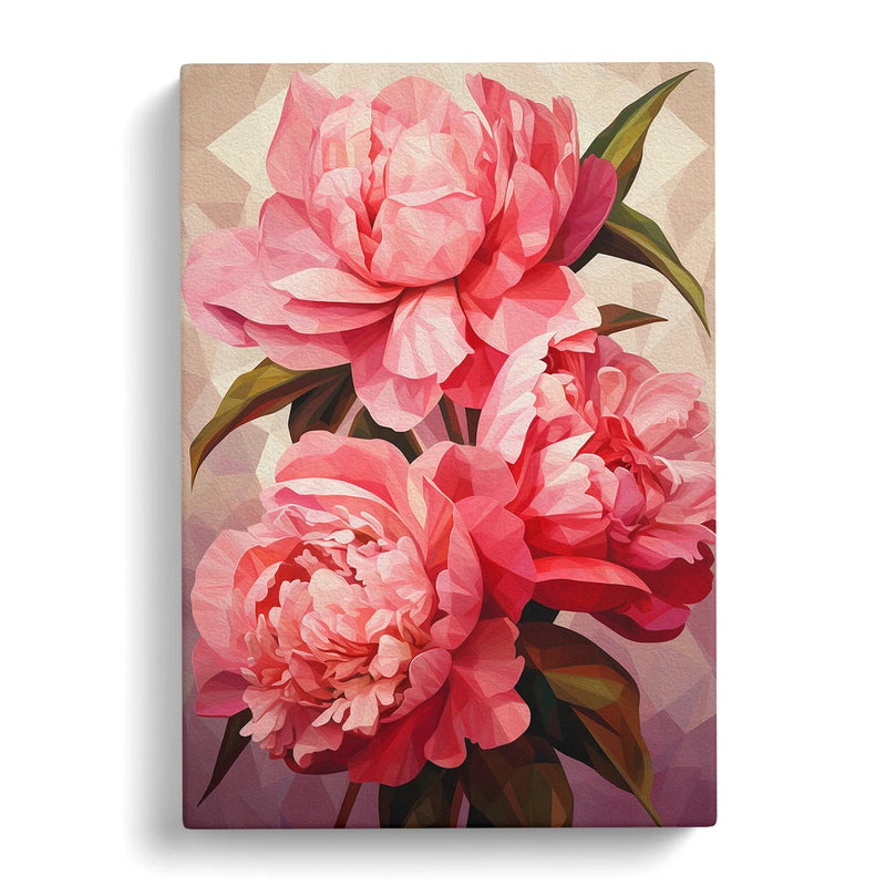Framed canvas wall art with pink geometric peony flowers and green leaves