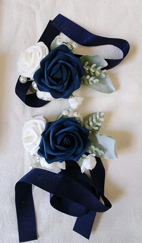 2 PCS Wrist Corsage Wristlet Artificial Roses Wedding Prom Navy Blue & White Tie Bouquet