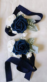 2 PCS Wrist Corsage Wristlet Artificial Roses Wedding Prom Navy Blue & White Tie Bouquet