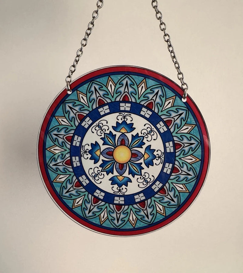 Circular colorful flower suncatcher window hanging board with metal chain and blue-green design