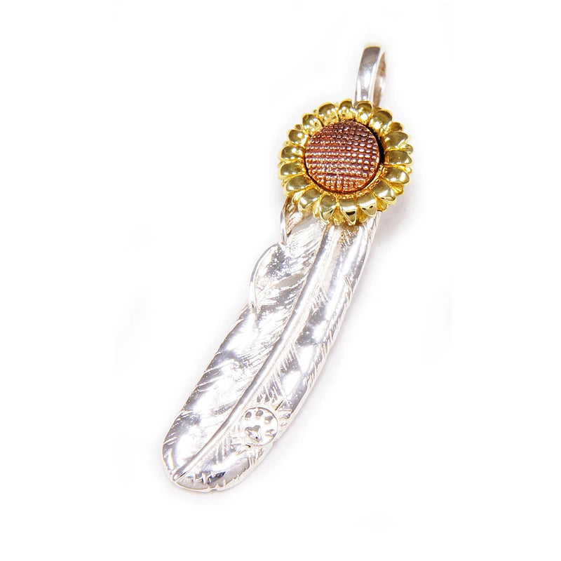 Sunflower and feather pendant in gold-tone with copper center, silver feather drop