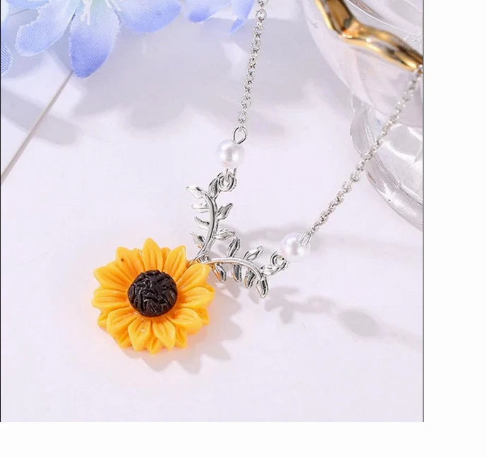 Sunflower pendant necklace with yellow flower charm and silver chain, 925 sterling