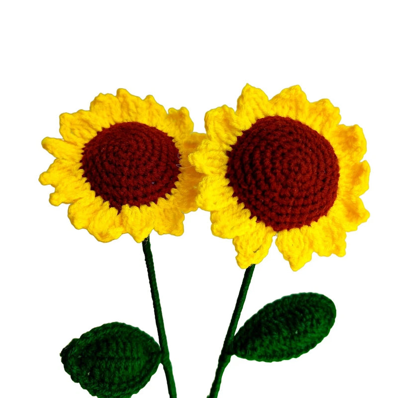 Crocheted sunflower set of 2 with yellow petals, red centers, and green stems