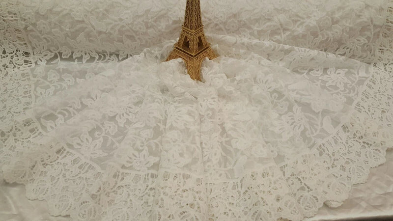 White Lace Embroidery Fabric By Yard Guipure Double Scalloped Flowers Floral Flowering Plants