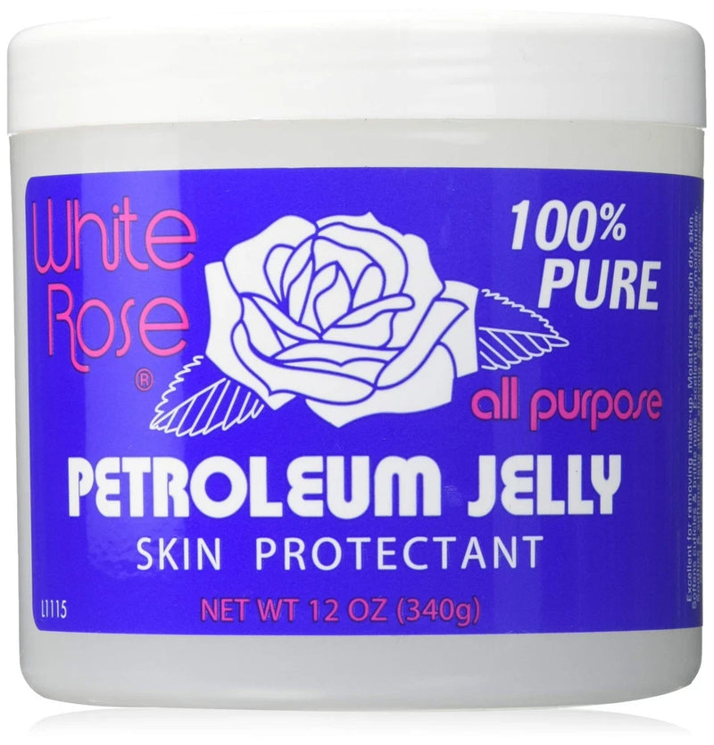 White rose petroleum jelly skin protectant in white plastic jar, 12 oz