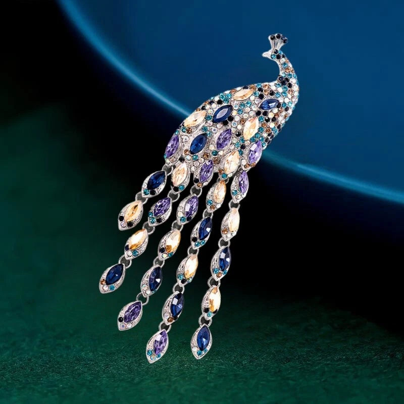 Multicolor rhinestone peacock brooch pin with dangling teardrop stones