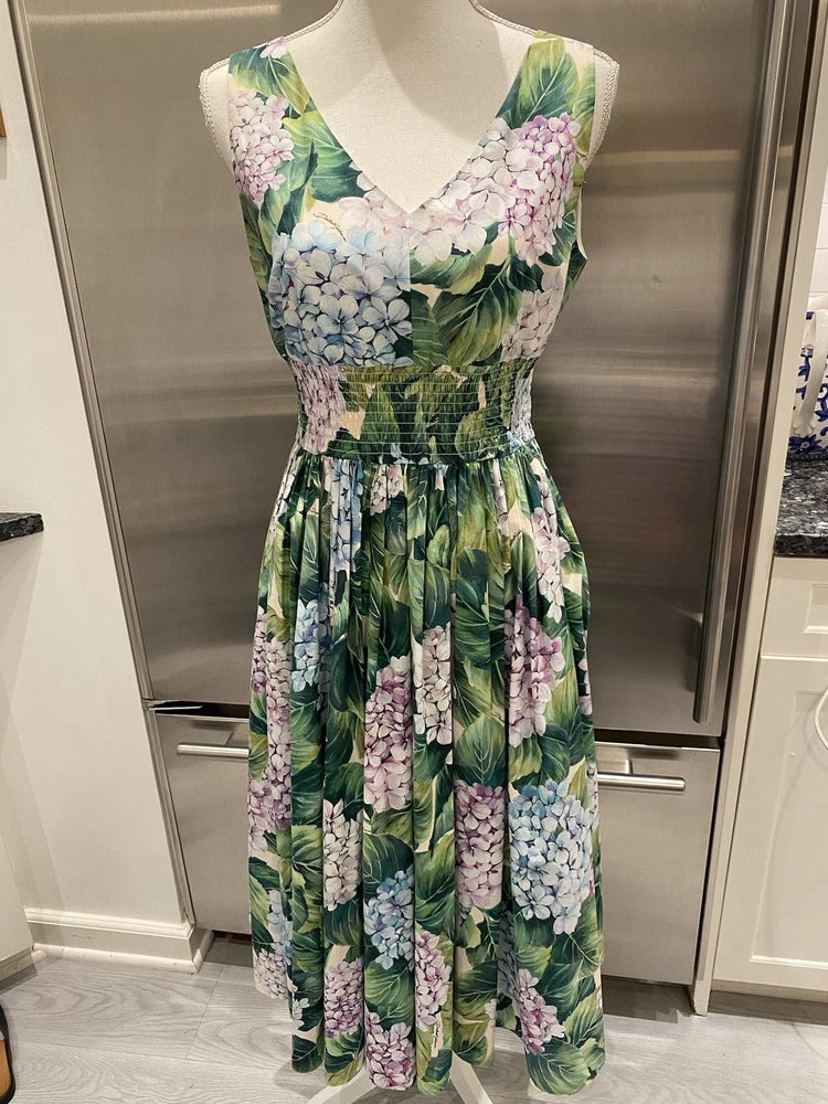 Dolce & Gabbana Hydrangea Print Fit & Flare Cotton Smocked Dress Sz 44IT/6US EUC Hydrangea