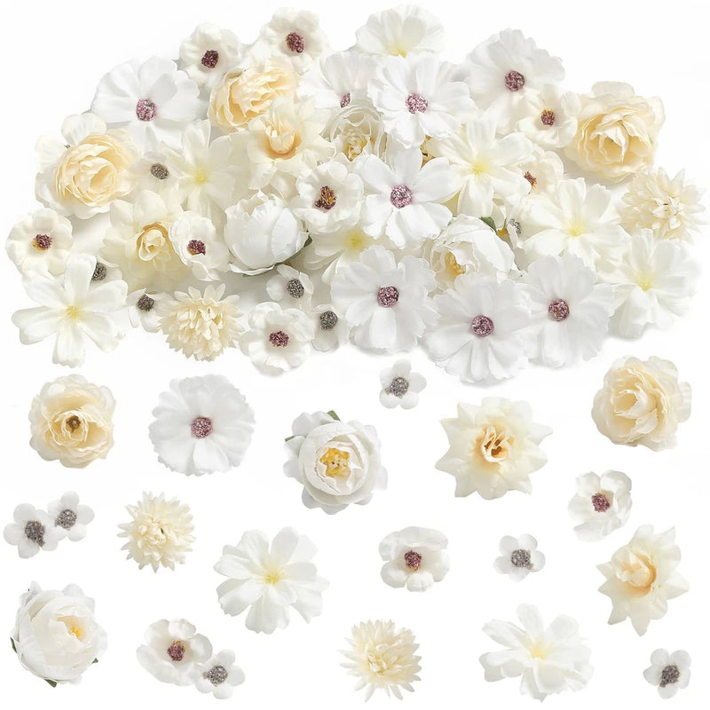 45 PCS Faux Flower Heads Small Silk Artificial White Rose Daisy Peony