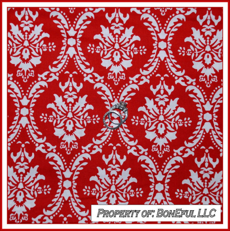 BonEful Fabric Cotton Quilt Red White Damask Flower Valentine Heart Print SCRAP Flowering Plants
