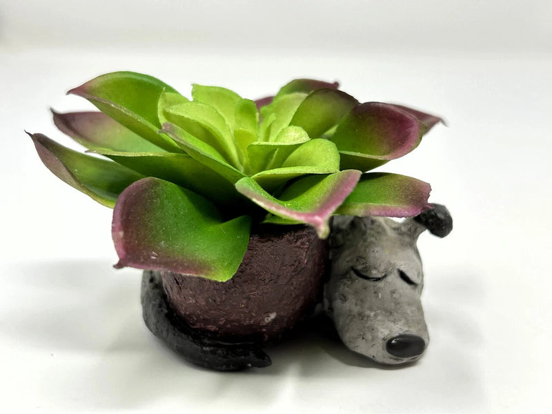 2" Potted Baby SLEEPING DOG Blob House Mini pot WITH faux Succulent as shown, ha Green Plant