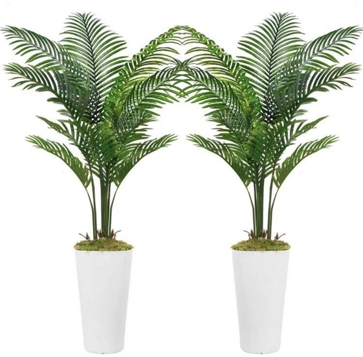 2x Large 5 FT Palm Trees Artificial Easy To Assemble With White Concrete Basin Green Plant