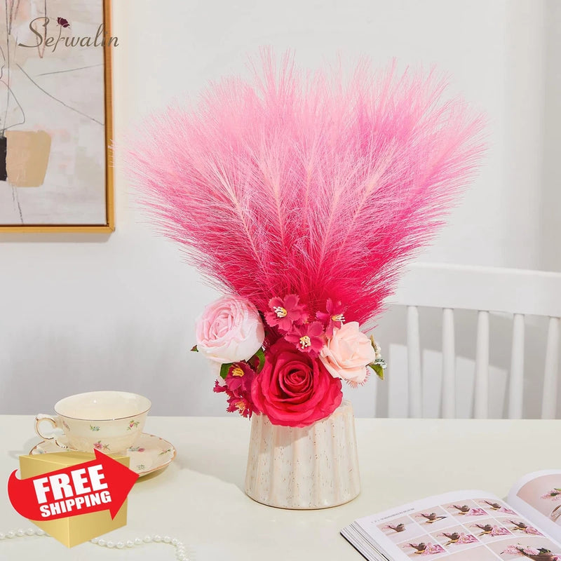 Serwalin 6pc 17.7" Gradient Hot Pink Pampas Grass Decor Faux Fluffy Short Cen... Pampas Grass