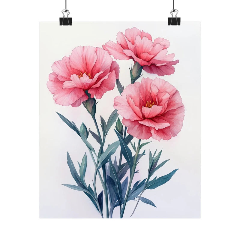 Pink carnation flower art print poster with five blossoms and leafy stems