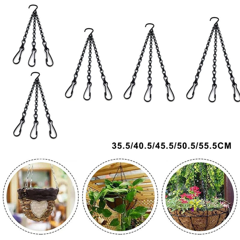 Black metal hanging plant pot chains with three or four clip hooks