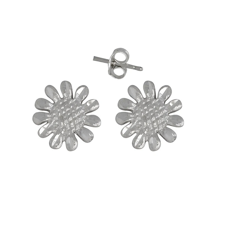 Sterling silver sunflower stud earrings with textured petal detail