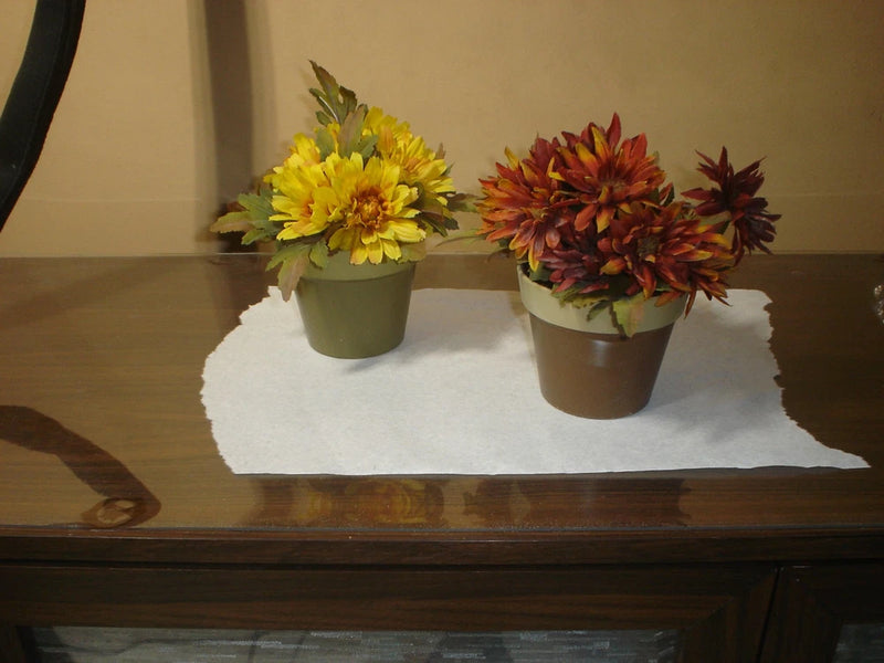 Set of 2 artificial floral plants in beige pots, yellow sunflower and red chrysanthemum blooms