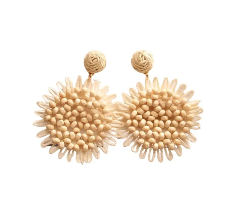Cream raffia sunflower bead earrings, round textured petals with hanging loop