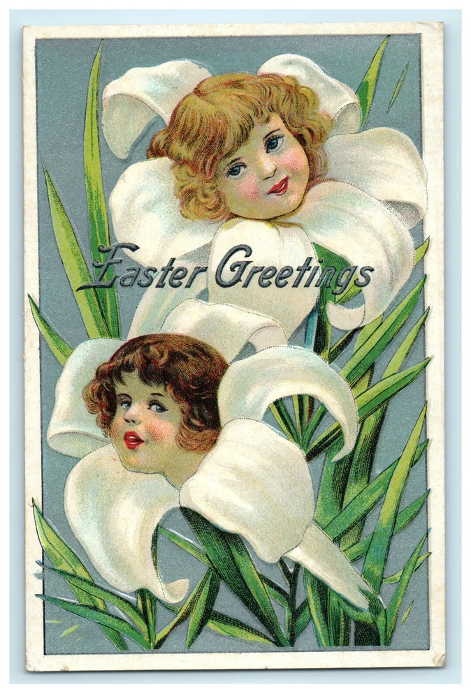 Vintage Easter greetings postcard with two cherub girls and green lilies, embossed lettering