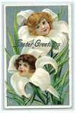 1915 Easter Greetings Fantasy Girls Heads Lilies Flowers Embossed Postcard Lily