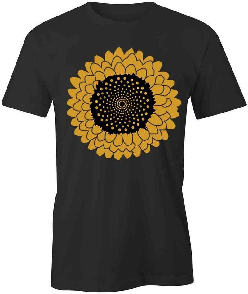 Black short-sleeve T-shirt with large yellow sunflower graphic on front