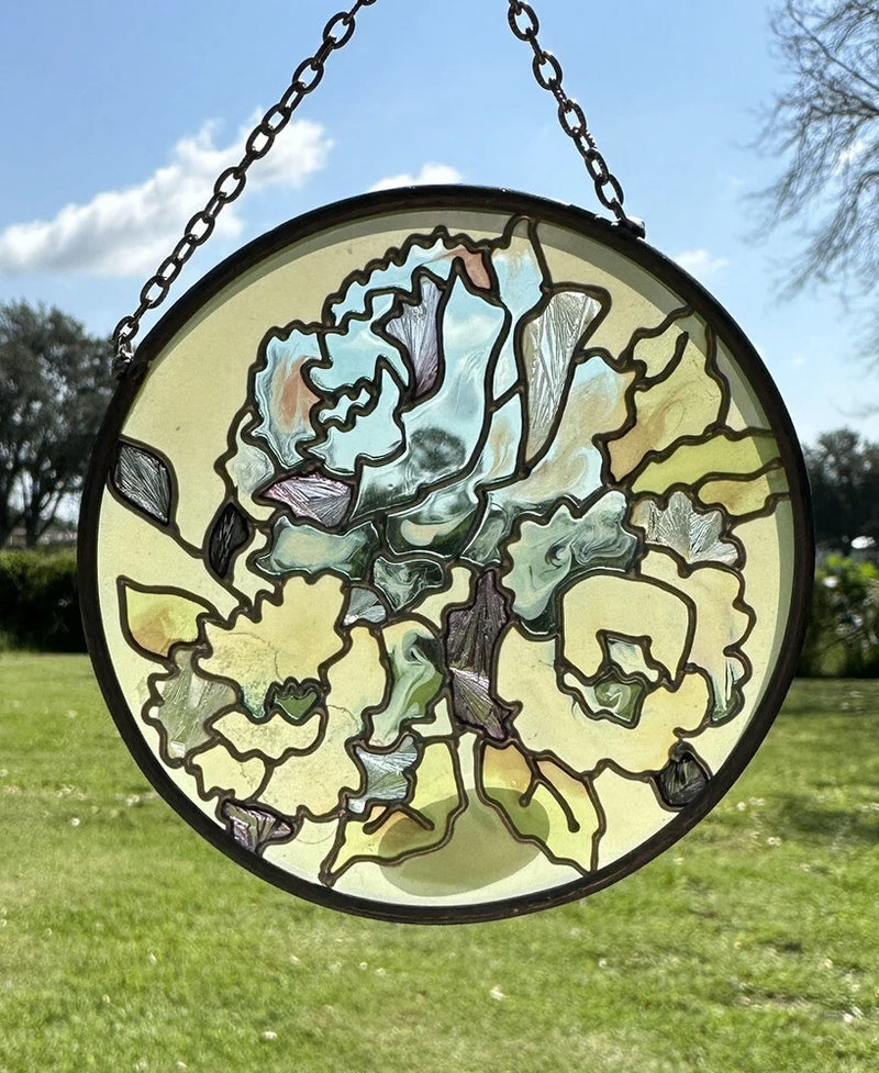Vtg  90s Handpainted Joan Baker Stained Glass Flower Suncatcher Carnation Carnation