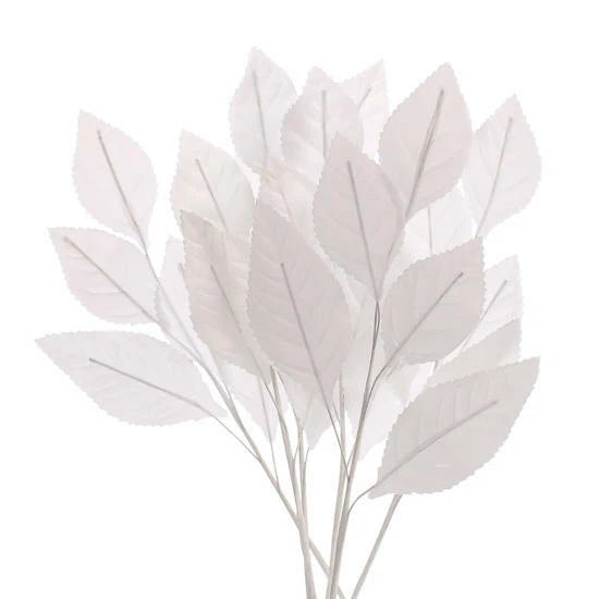 Artificial silk rose leaf stems, white leaf bunch on thin wire stems