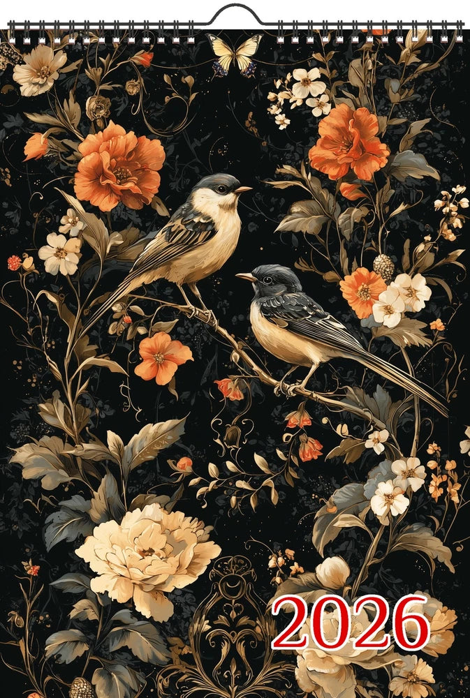 2026 wall calendar featuring garden birds among orange and cream flowers