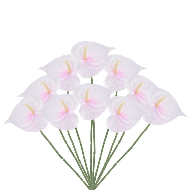 Artificial anthurium lily flower bouquet with white petals and pink centers, on green stems
