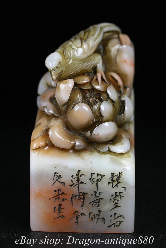 3.3" Old Chinese Shoushan Stone Carving Peony Flower Bird Seal Stamp Signet Peony