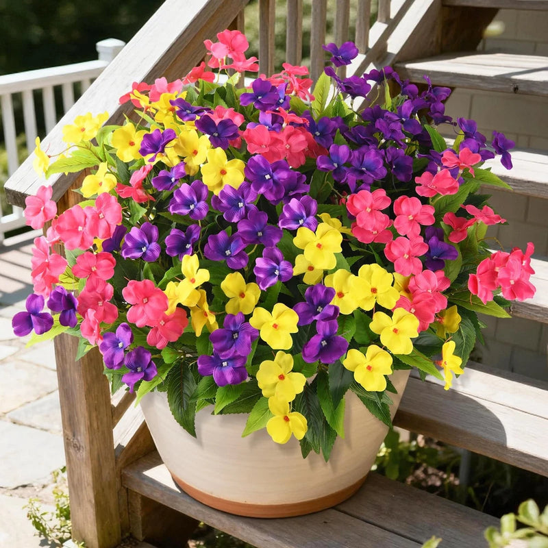 Artificial impatiens flower bundles in a pot, multicolor silk-style blooms (pink, purple, yellow)