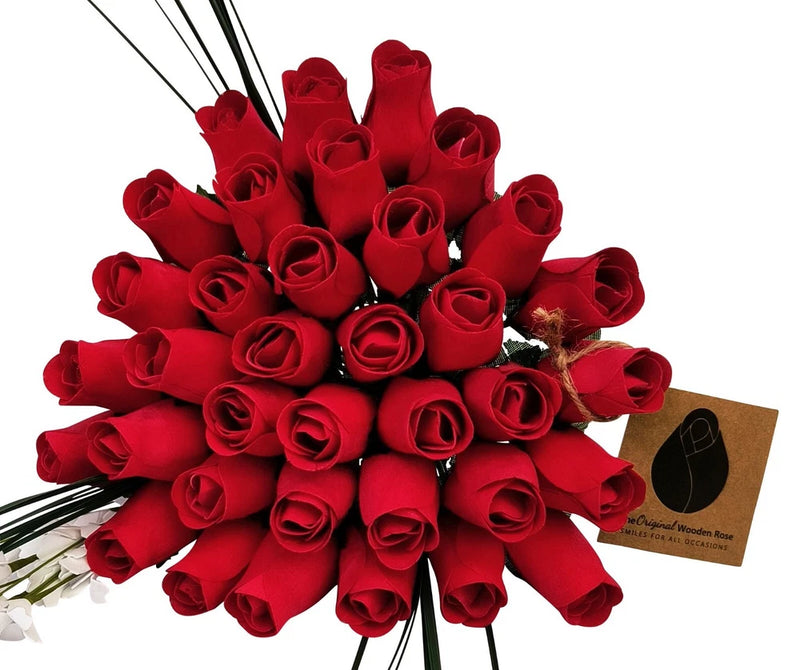 Valentines Day All Red Rose Flower Bouquet. The Original Wooden Rose 1,2,3 Dozen Green Plant
