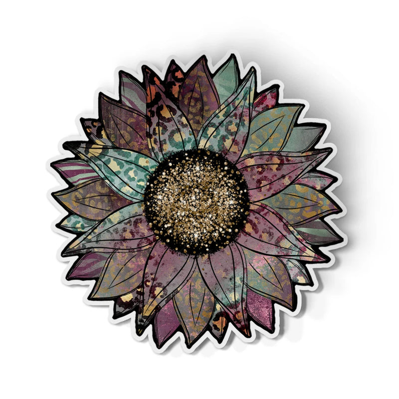 Waterproof vinyl sunflower sticker, multicolor petals with black outline