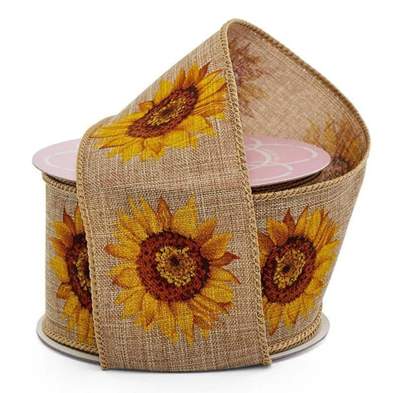 2.5" Wide Sunflower On Natural Linen Wired Ribbon - 10 Yards (56155504) Sunflower