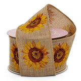 2.5" Wide Sunflower On Natural Linen Wired Ribbon - 10 Yards (56155504) Sunflower