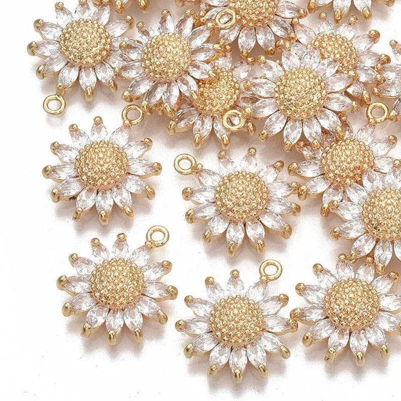 6pcs CZ Pave Daisy Flower Pendant,Cubic Zirconia Sun Flower Charm With Loop Sunflower