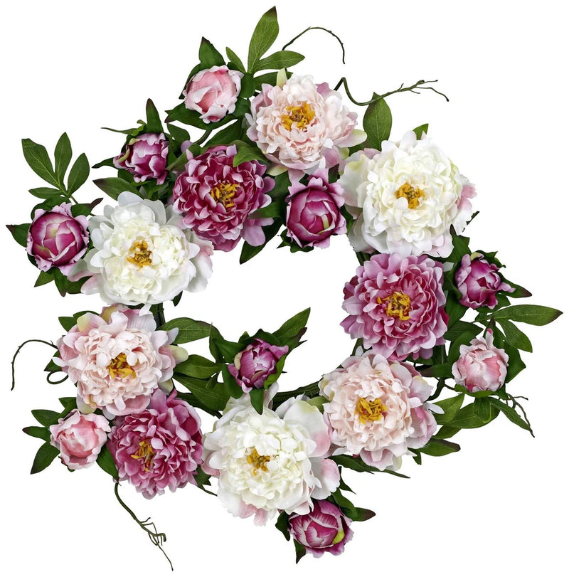 Round faux peony flower wreath with pink and white blooms and green leaves