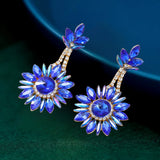 Exaggerated Blue Crystal Rhinestone Leaf Sunflower Drop Dangle Earrings Sunflower