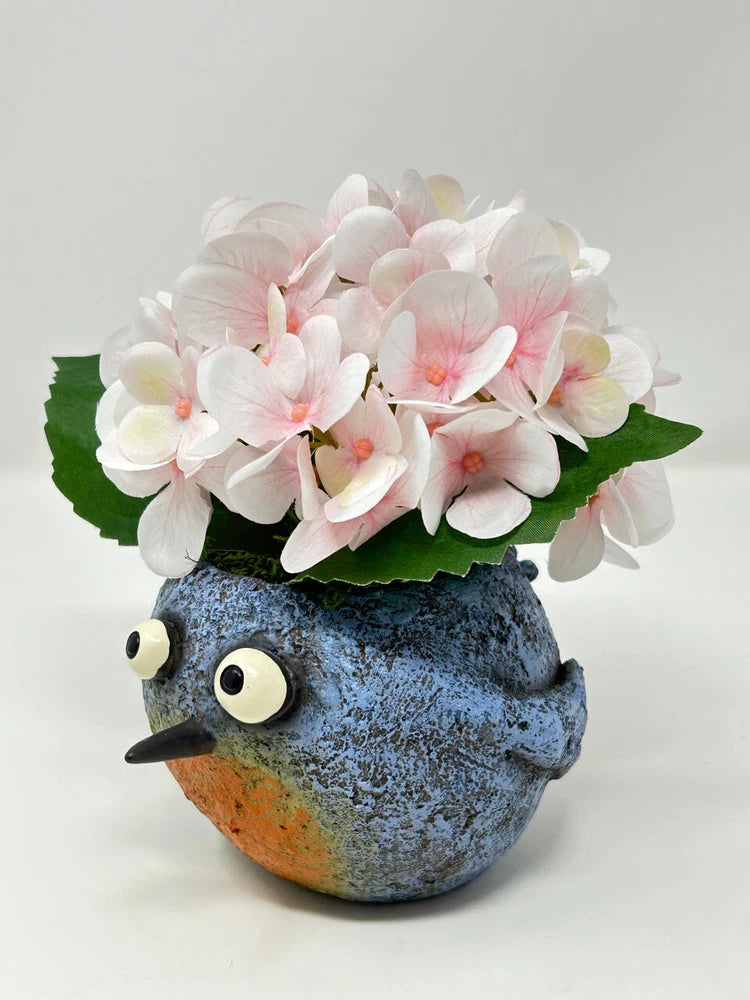 7" Happy BLUE BIRD Blob House pot planted WITH faux Pink Hydrangea flower blosso Hydrangea