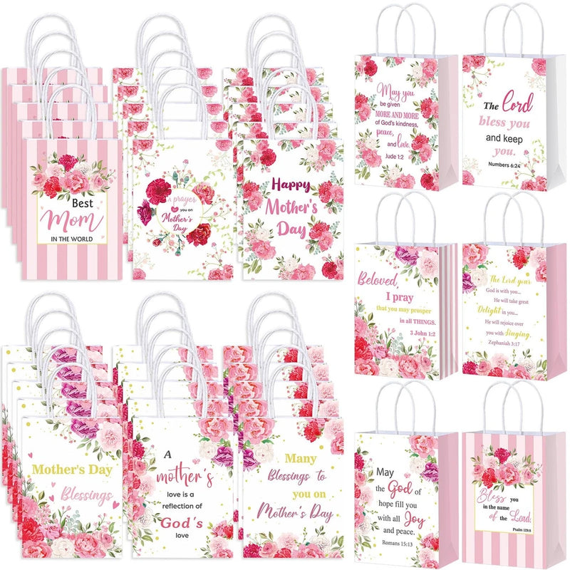 30 Pcs Mother's Day Gift Bags with Handle Pink Carnation Happy Mother's Day G... Carnation
