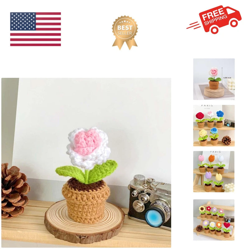 Handmade crochet flower plant in small pot, pink blossom with green leaves