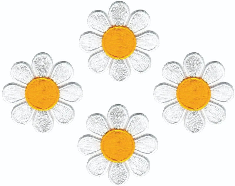 4 Daisy Flower Iron On Patches 1 7/8" White Yellow Floral Applique Set Daisies