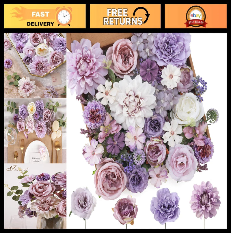 Purple and lavender artificial flower head and stem mix for DIY bouquets, including roses and peonies
