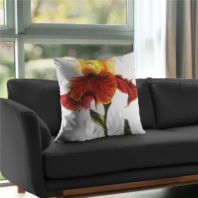 Decorative throw pillow with white cover and large red-orange lily flower print