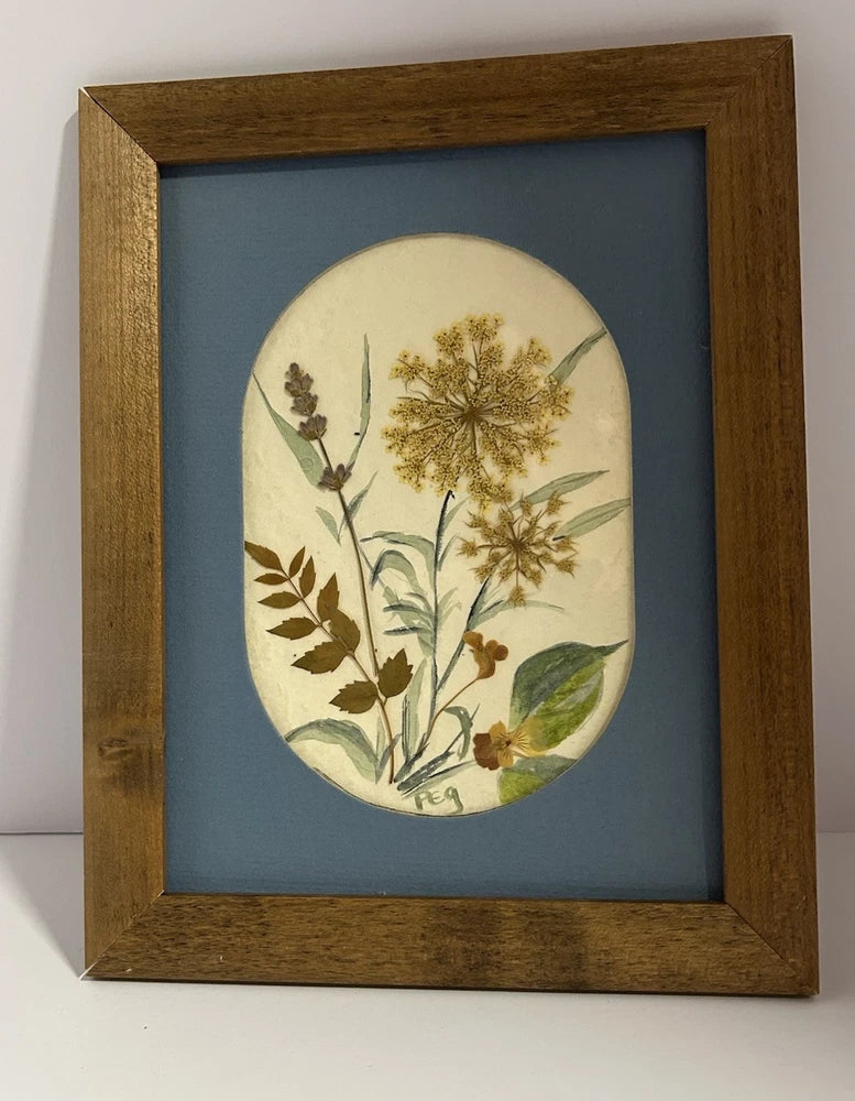 Wood-framed pressed dried flower botanical art with oval plant illustration.