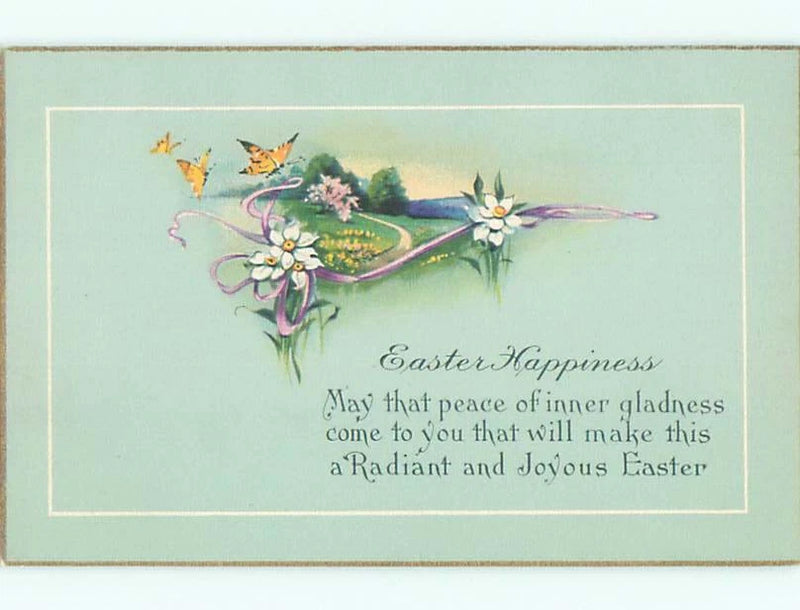 Easter greeting card with butterflies, easter lilies, and ribbon accents